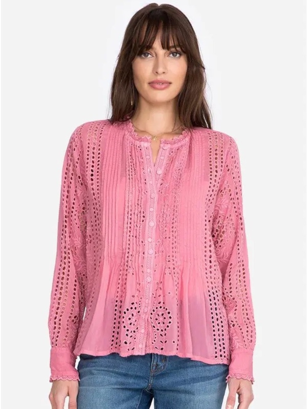Johnny Was Sveta Eyelet Embroidered Blouse in Pink